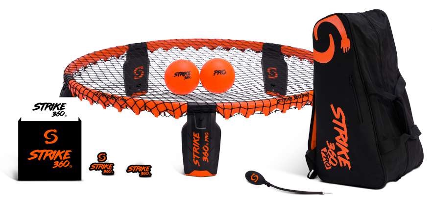 Set Pro Strike 360: red naranja reforzada, dos pelotas Pro, inflador y mochila